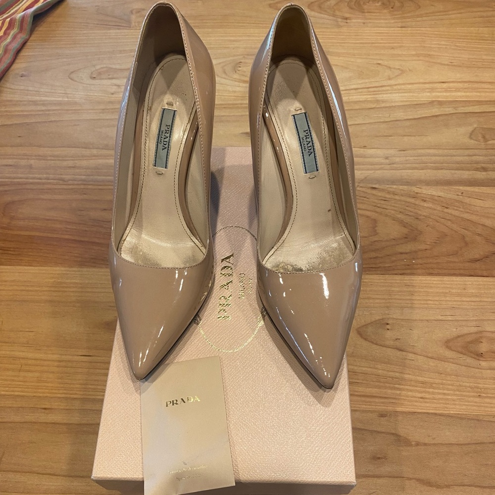 Prada Nude Patent Leather Pointed-Toe Heels